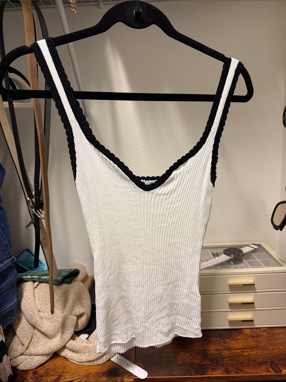 Elodie White Ribbed V-Neck Tank with Black Contrast Trim